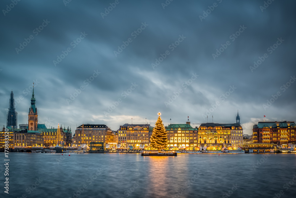 Obraz premium Christmas Market with Christmas Tree on Alster in Hamburg
