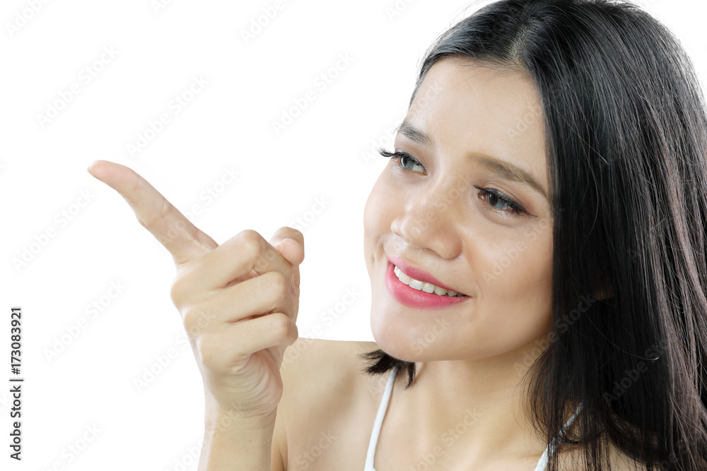 Beautiful woman pointing something