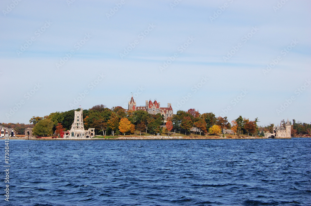 Boldt Castle and Alster Tower on Heart Island, Thousand Islands area of New York State, USA.