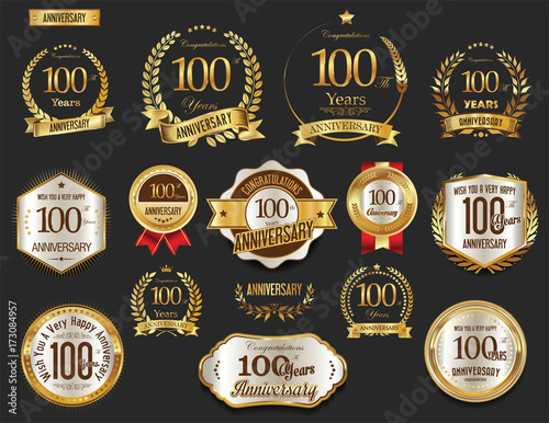 Anniversary golden laurel wreath and badges 100 years vector collection