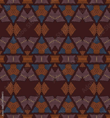Seamless striped vector pattern. Vintage colored decorative repainting background with tribal and ethnic motifs. Abstract geometric roughly hatched shapes colored with hand drawn brush stokes.