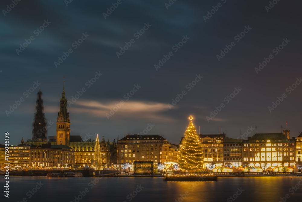 Christmas Market with Christmas Tree on Alster in Hamburg