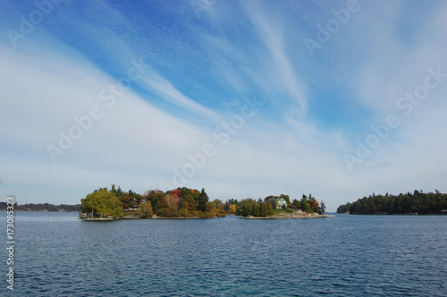 One Island in Thousand Islands Region in fall of New York State, USA.