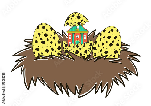 House, which hatched from eggs. Vector. Metaphor of the mortgage