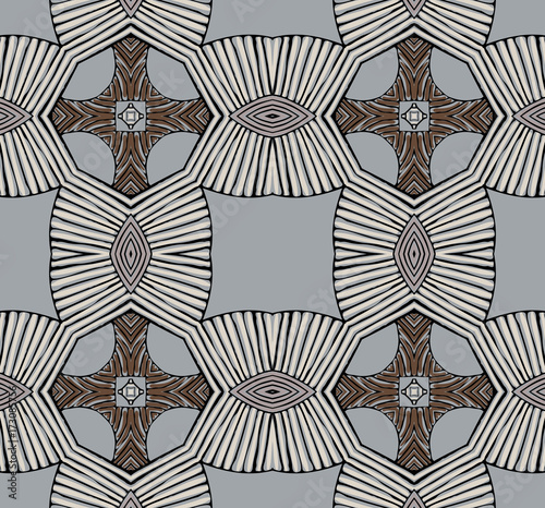 Seamless striped vector pattern. Vintage colored decorative repainting background with tribal and ethnic motifs. Abstract geometric roughly hatched shapes colored with hand drawn brush stokes.
