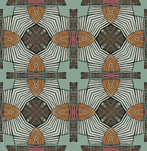 Seamless striped vector pattern. Vintage colored decorative repainting background with tribal and ethnic motifs. Abstract geometric roughly hatched shapes colored with hand drawn brush stokes.