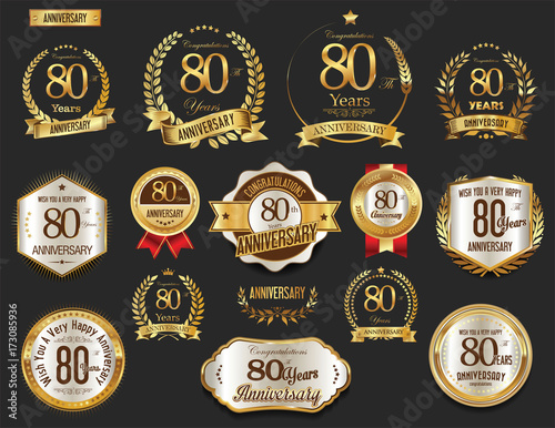 Anniversary golden laurel wreath and badges 80 years vector collection
