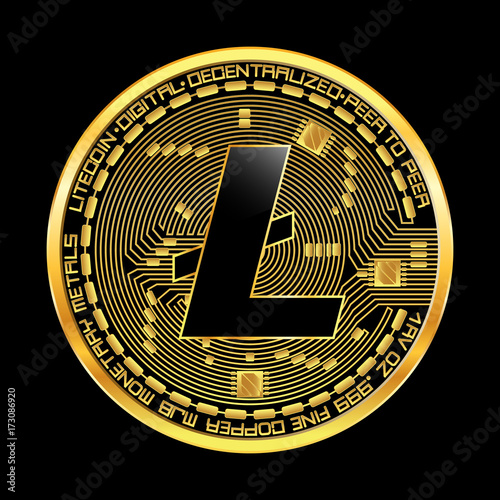 Crypto currency golden coin with black lackered litecoin symbol on obverse isolated on black background. Vector illustration. Use for logos, print products, page and web decor or other design.
