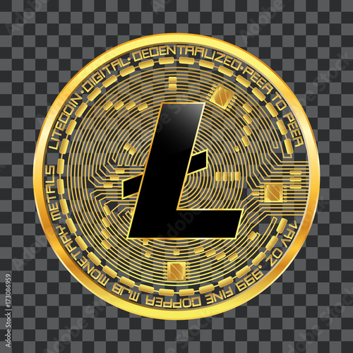 Crypto currency golden coin with black lackered litecoin symbol on obverse isolated on transparent background. Vector illustration. Use for logos, print products, web decor or other design.