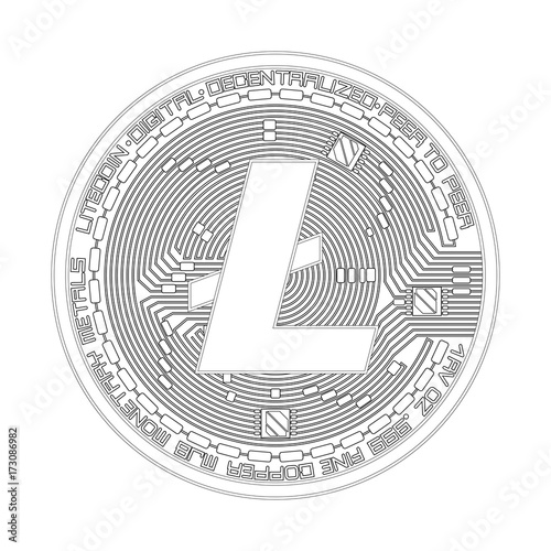 Crypto currency black coin with black lackered litecoin symbol on obverse isolated on white background. Vector illustration. Use for logos, print products, page and web decor or other design.