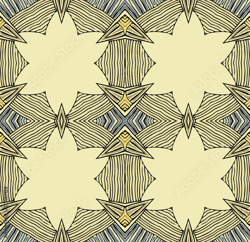Seamless striped vector pattern. Vintage colored decorative repainting background with tribal and ethnic motifs. Abstract geometric roughly hatched shapes colored with hand drawn brush stokes.