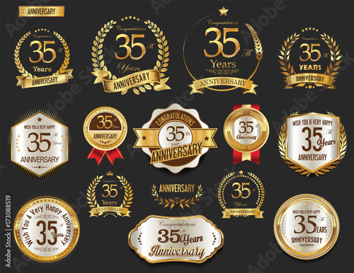 Anniversary golden laurel wreath and badges 35 years vector collection