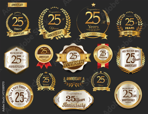 Anniversary golden laurel wreath and badges 25 years vector collection