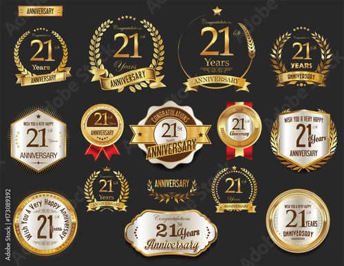 Anniversary golden laurel wreath and badges 21 years vector collection