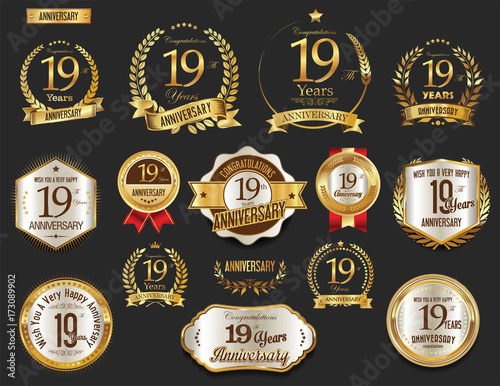 Anniversary golden laurel wreath and badges 19 years vector collection