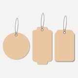 Cardboard tags. Empty hanging label with string. Vector illustration.