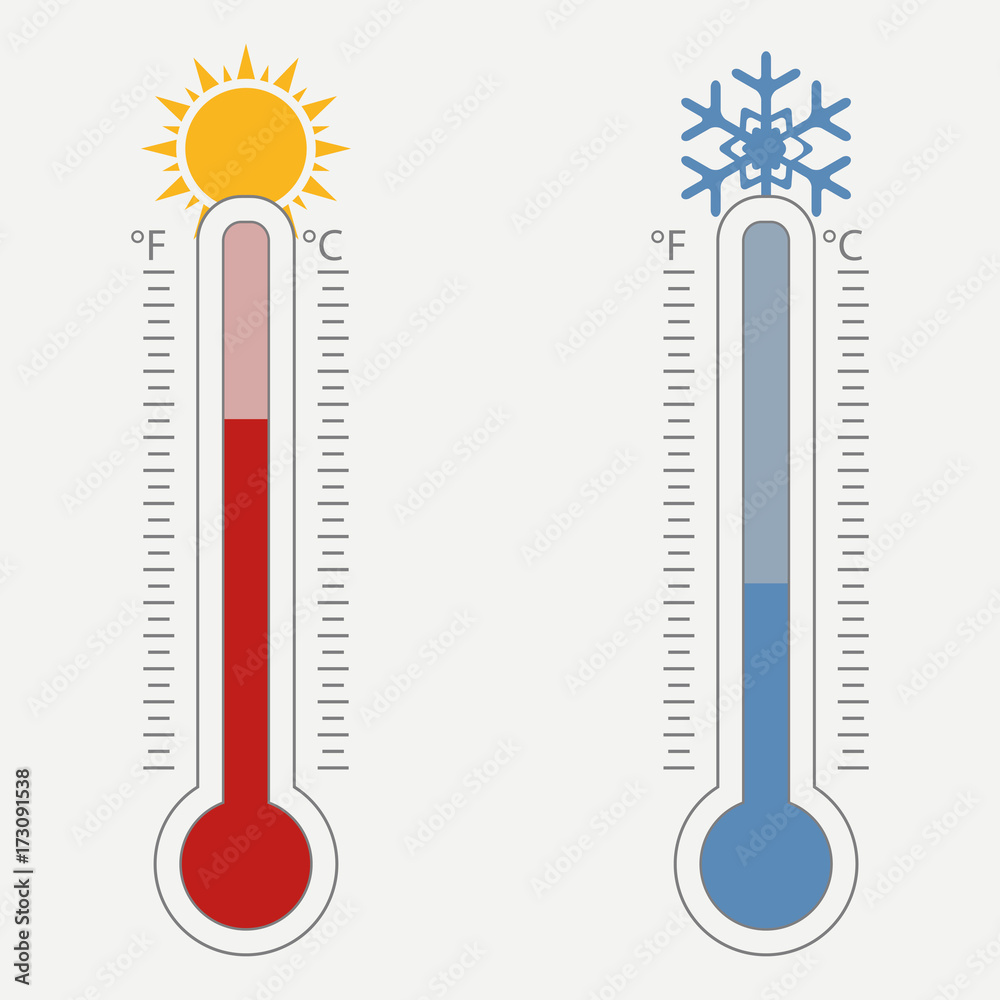 Meteorological thermometer. Temperature scale for Celsius and Fahrenheit.  The warm and cold weather is shown by the sun and the snowflake. Vector  illustration. Stock Vector