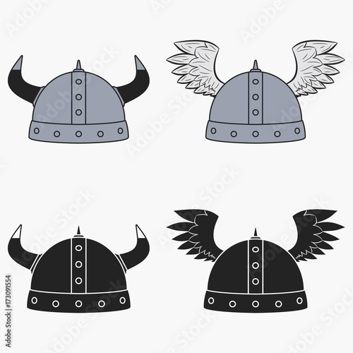 Viking helmet set with horns and wings. Protective armor for the head. Vector illustration.