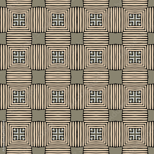 Seamless striped vector pattern. Vintage colored decorative repainting background with tribal and ethnic motifs. Abstract geometric roughly hatched shapes colored with hand drawn brush stokes.