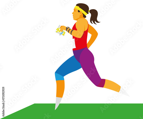A young female athlete run a distance on orienteering competitions