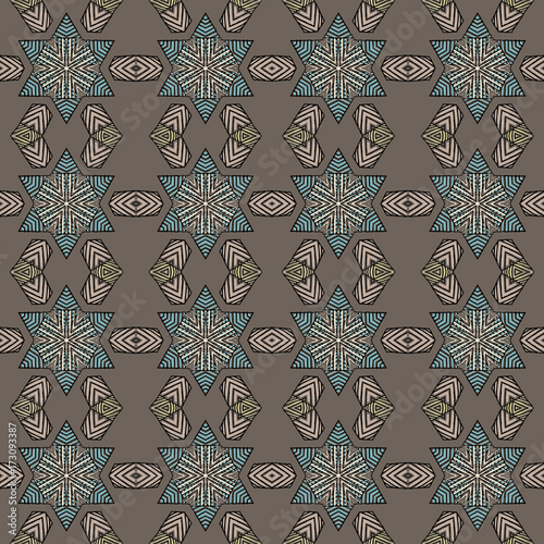 Seamless striped vector pattern. Vintage colored decorative repainting background with tribal and ethnic motifs. Abstract geometric roughly hatched shapes colored with hand drawn brush stokes.