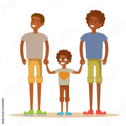 Happy Aframerican gay men posing with their child. Stock flat vector illustration.