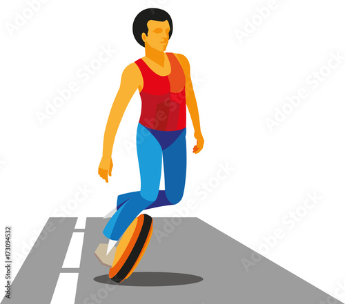 A young man in a red T-shirt is riding a one-wheeled self-balanced scooter by highway