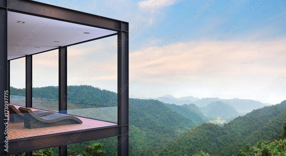 Modern steel structure house terrace with mountain view 3d rendering image. There are wood floor.Furnished with rattan daybed. There are glass railing overlooking the surrounding nature and mountain