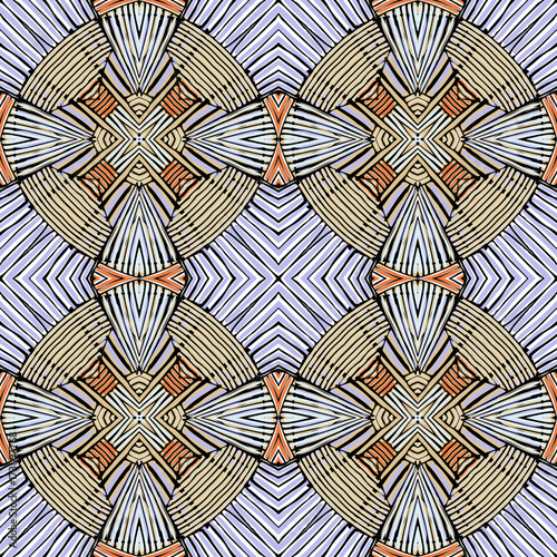 Seamless striped vector pattern. Vintage colored decorative repainting background with tribal and ethnic motifs. Abstract geometric roughly hatched shapes colored with hand drawn brush stokes.