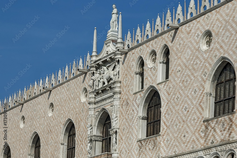 Fragment of  beauty Doge's Palace at San Marco square or piazza, Venezia, Venice, Italy, Europe