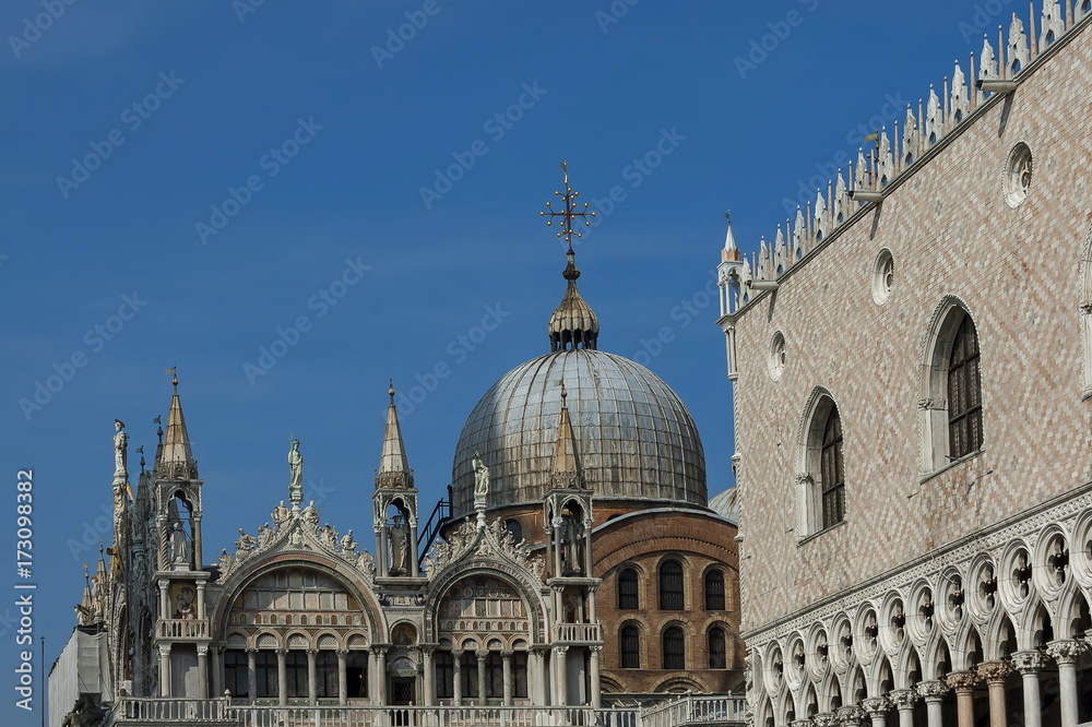 Fragment of  beauty Saint Mark's Basilica and  Doge's Palace at San Marco square or piazza, Venezia, Venice, Italy, Europe 