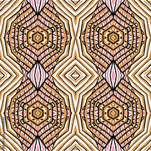 Seamless striped vector pattern. Vintage colored decorative repainting background with tribal and ethnic motifs. Abstract geometric roughly hatched shapes colored with hand drawn brush stokes.
