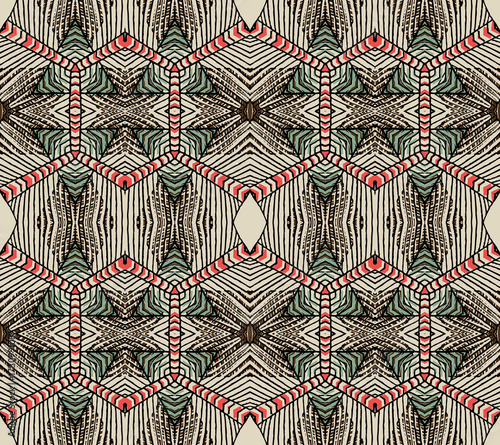 Seamless striped vector pattern. Vintage colored decorative repainting background with tribal and ethnic motifs. Abstract geometric roughly hatched shapes colored with hand drawn brush stokes.