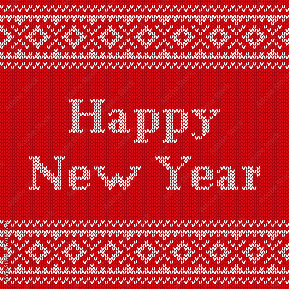 Knitting seamless pattern. Knit design. Vector. Knitted winter texture with text Happy New year. Red background. Knitting seamless pattern. Knit design. Vector. Knitted winter texture with text Happy New year. Red background.