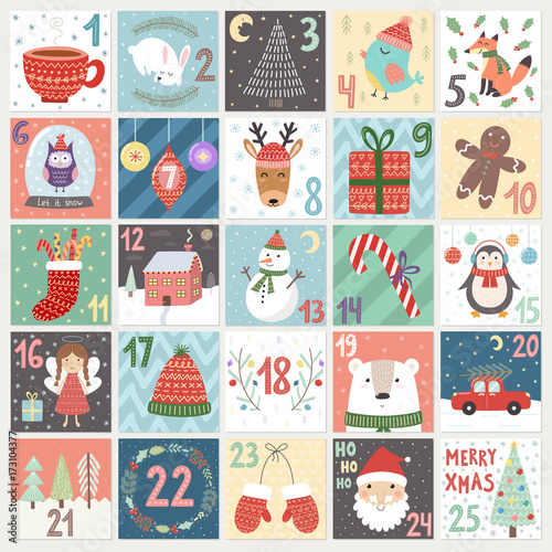 Christmas advent calendar. Winter holidays poster with cute rabbit, fox, owl, bear, deer and Santa. Vector illustration