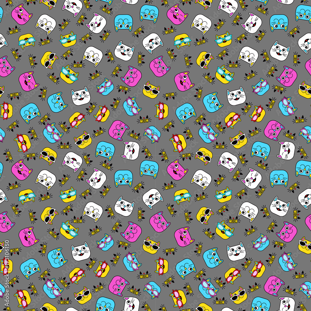 Abstract seamless pattern for girls, boys, clothes. Creative vector background with cat, glasses, eyes, mustache.Funny wallpaper for textile and fabric. Fashion style. Colorful bright. Abstract seamless pattern for girls, boys, clothes. Creative vector background with cat, glasses, eyes, mustache.Funny wallpaper for textile and fabric. Fashion style. Colorful bright.