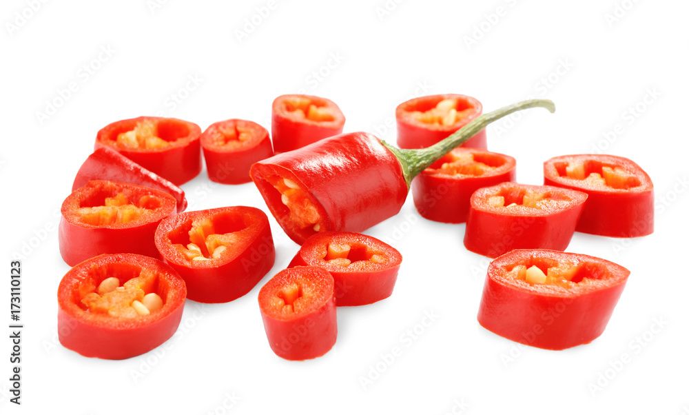 Sliced chili pepper on white background