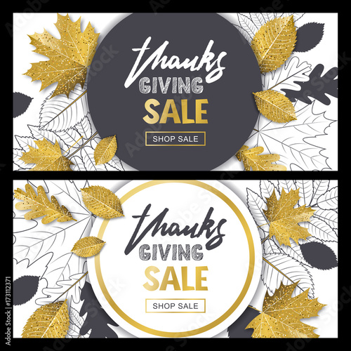 Thanksgiving sale banner set with 3d style gold and outline autumn leaves. Ve...