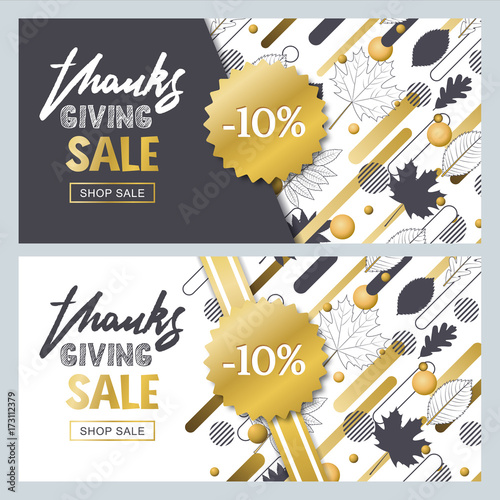 Thanksgiving sale banner set with hand drawn outline fall leaves and motion g...