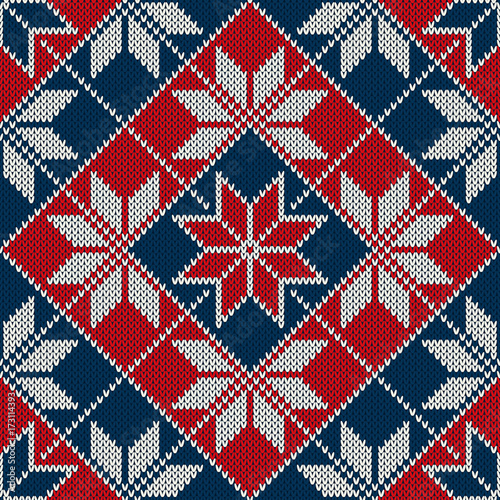 Winter Holiday Seamless Knitted Pattern with Snowflakes. Fair Isle Knitting Sweater Design
