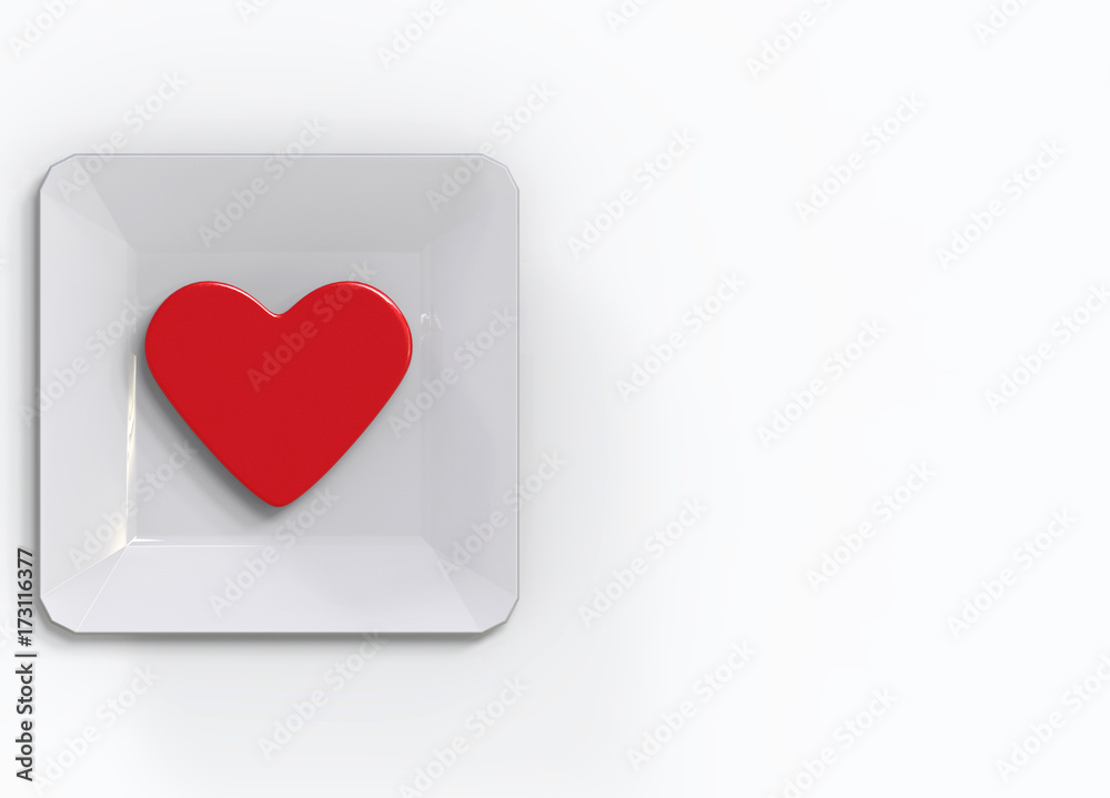 3d rendering. red heart on white ceramic dish with white copy space background
