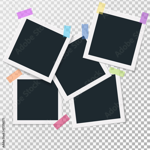 Set of square vector photo frames on sticky tape. Vertical and horizontal template photo design. Vector illustration. Isolated on transparent background