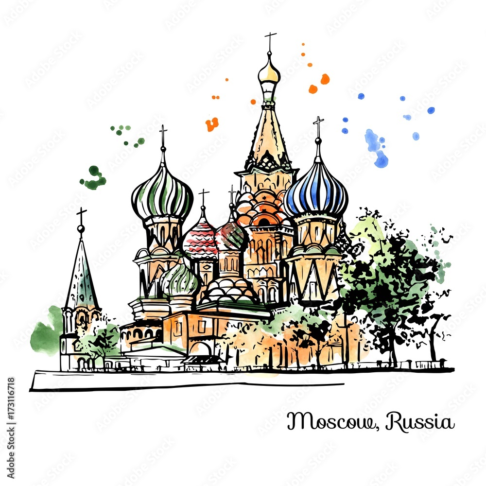 Vector hand drawn watercolor illustration of famous russian landmark Saint Basil's cathedral in Moscow, Russia. Black ink outline and bright watercolour splashes, stains and drips on white background.