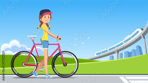 The travel reduced energy consumption by yourself. Green city concept. New generation with the concept of environmental conservation. Walk people and bike.