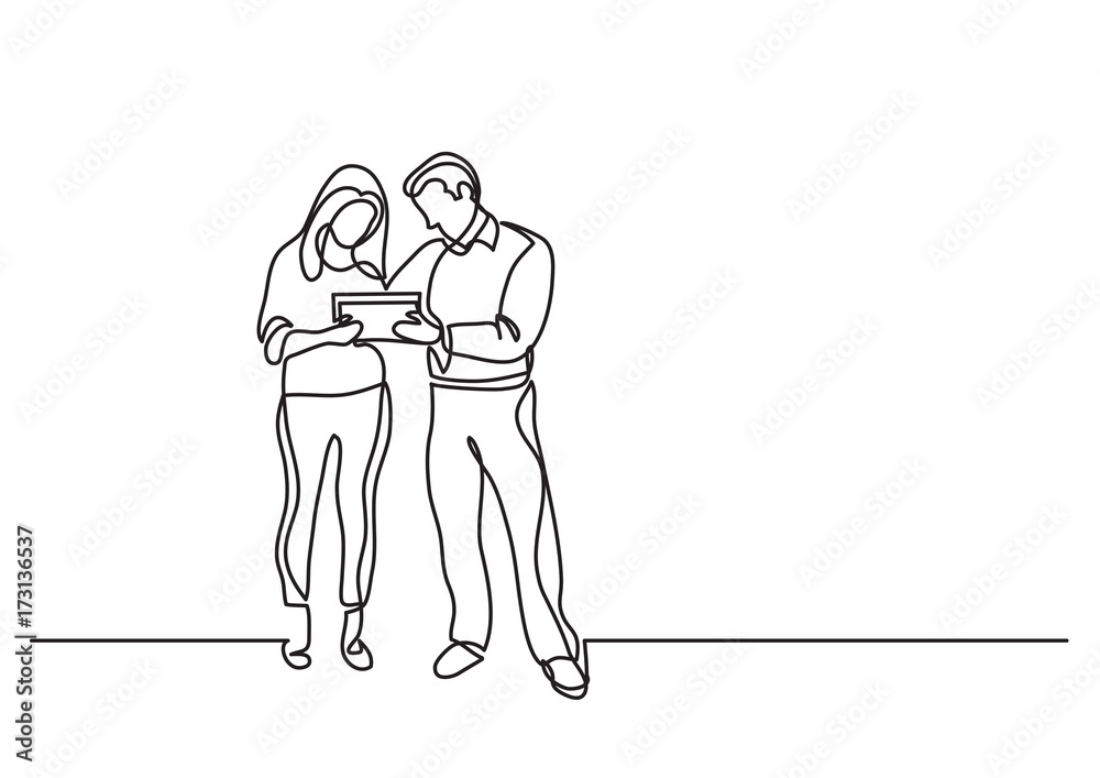 continuous line drawing of man and woman discussing work