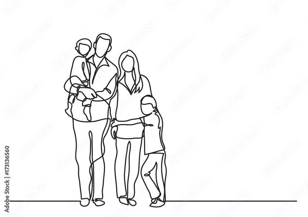 continuous line drawing of family standing together continuous line drawing of family standing together