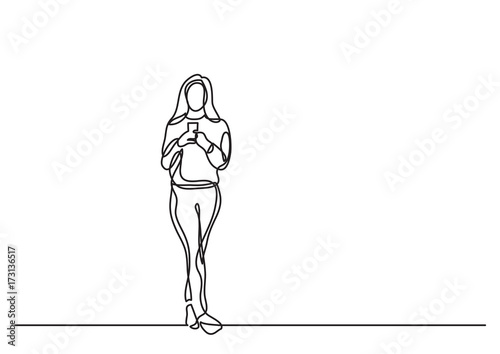 continuous line drawing of woman standing with smart phone