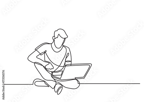 continuous line drawing of man sitting with laptop computer