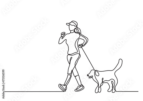 continuous line drawing of woman walking exercise with dog