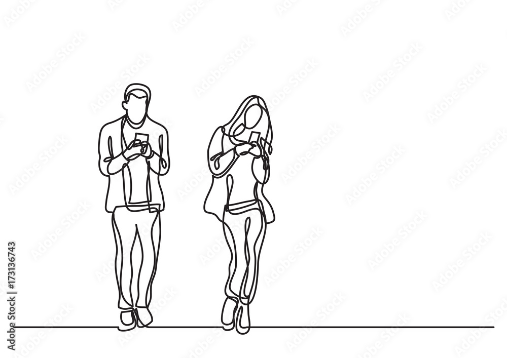 continuous line drawing of man and woman using their mobile phones